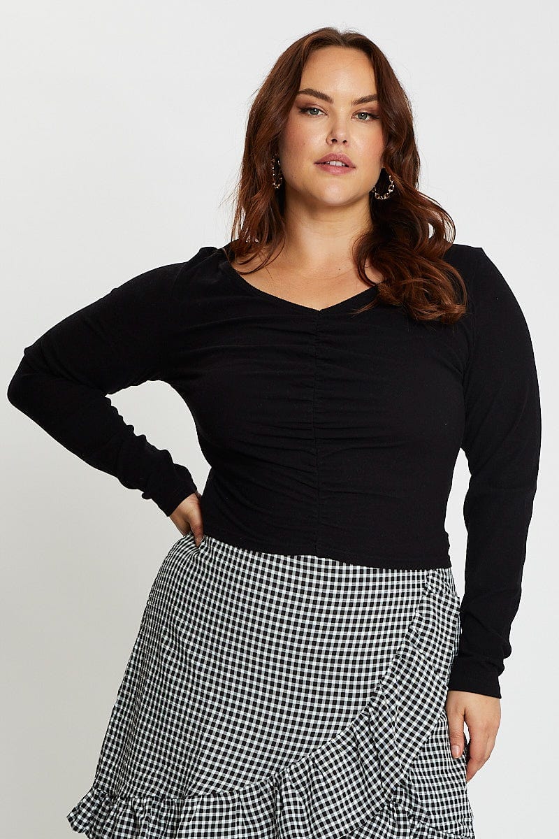 Black Top V-neck Long Sleeve Rib Ruched