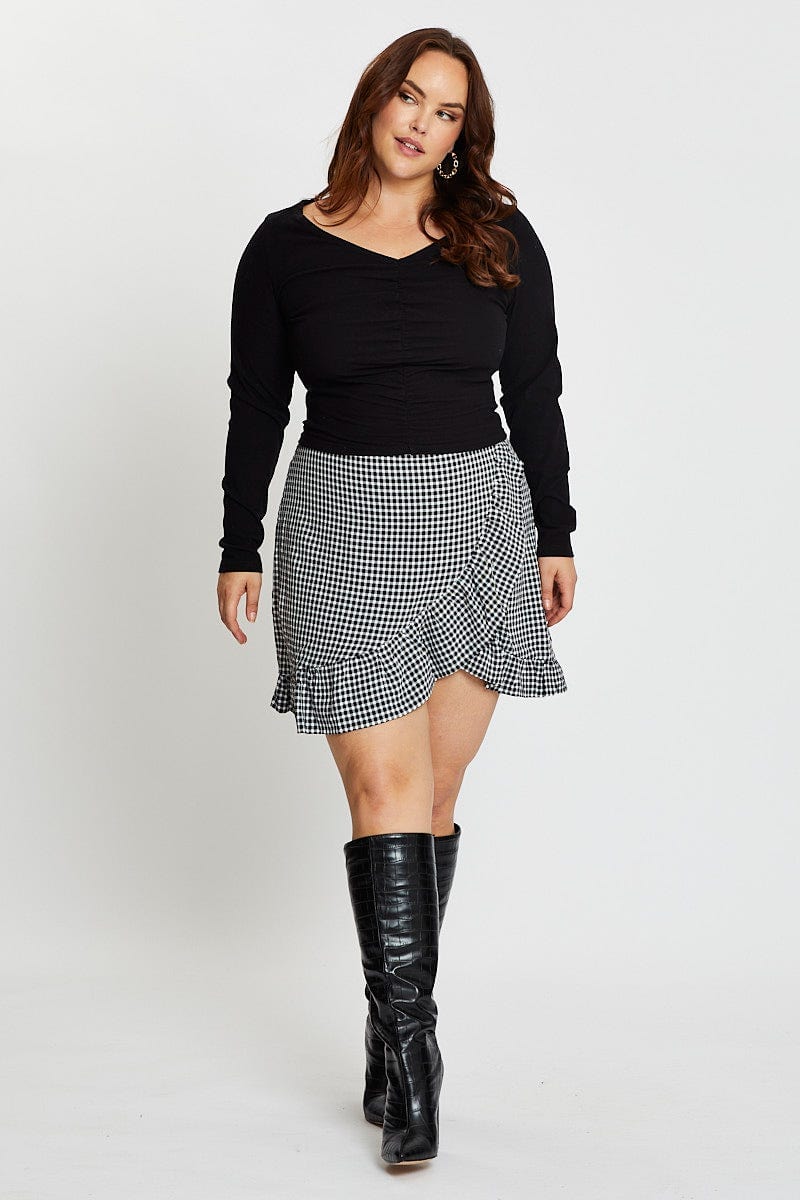 Black Top V-neck Long Sleeve Rib Ruched - Image 2