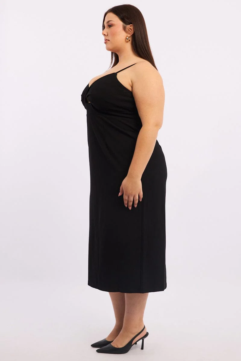 Black Twist Front Fitted Midi Dress - Image 3