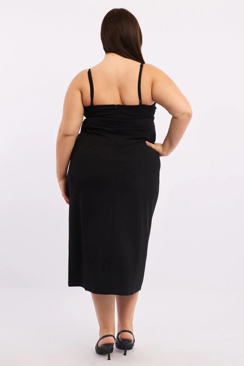 Black Twist Front Fitted Midi Dress - Image 4