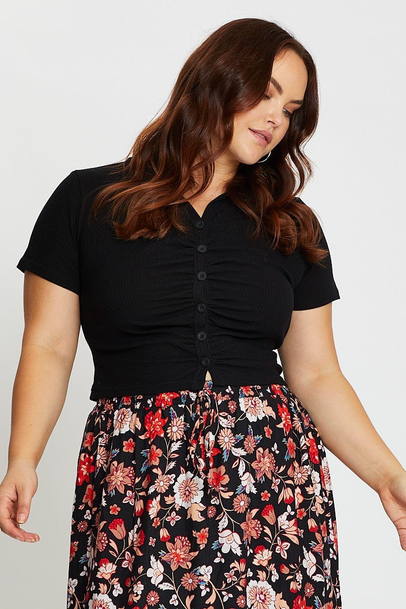 Black Up Top Gathered Front Short Sleeve Slinky Button - Image 3