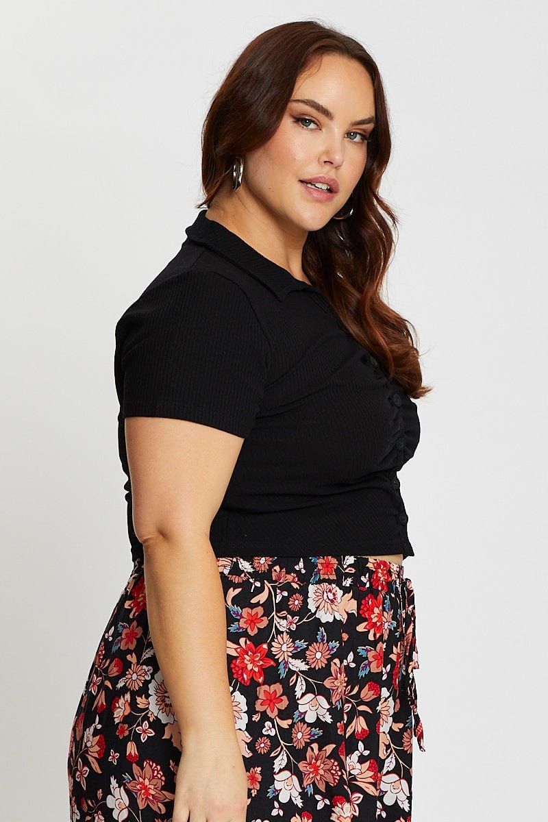 Black Up Top Gathered Front Short Sleeve Slinky Button - Image 4