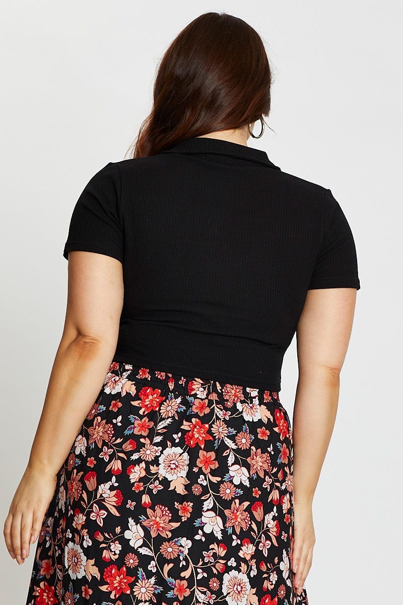 Black Up Top Gathered Front Short Sleeve Slinky Button - Image 5