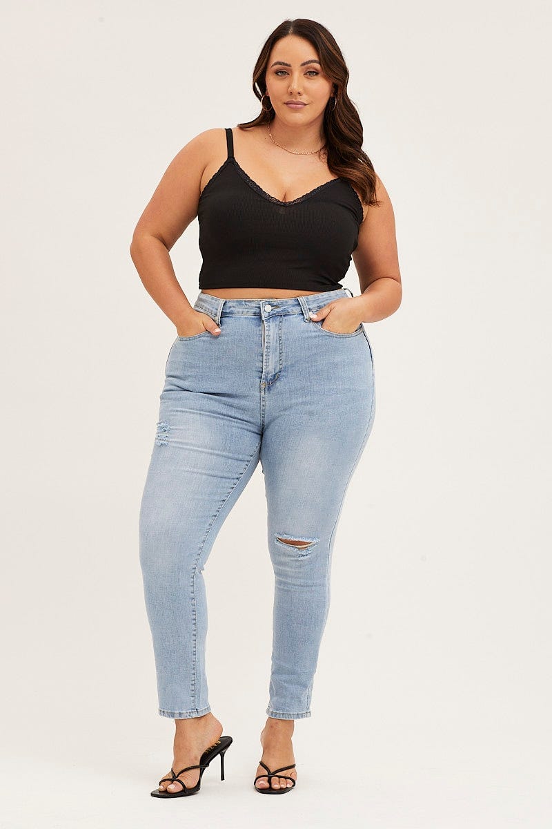 Black V-neck Lace Trim Crop Singlet Top - Image 2