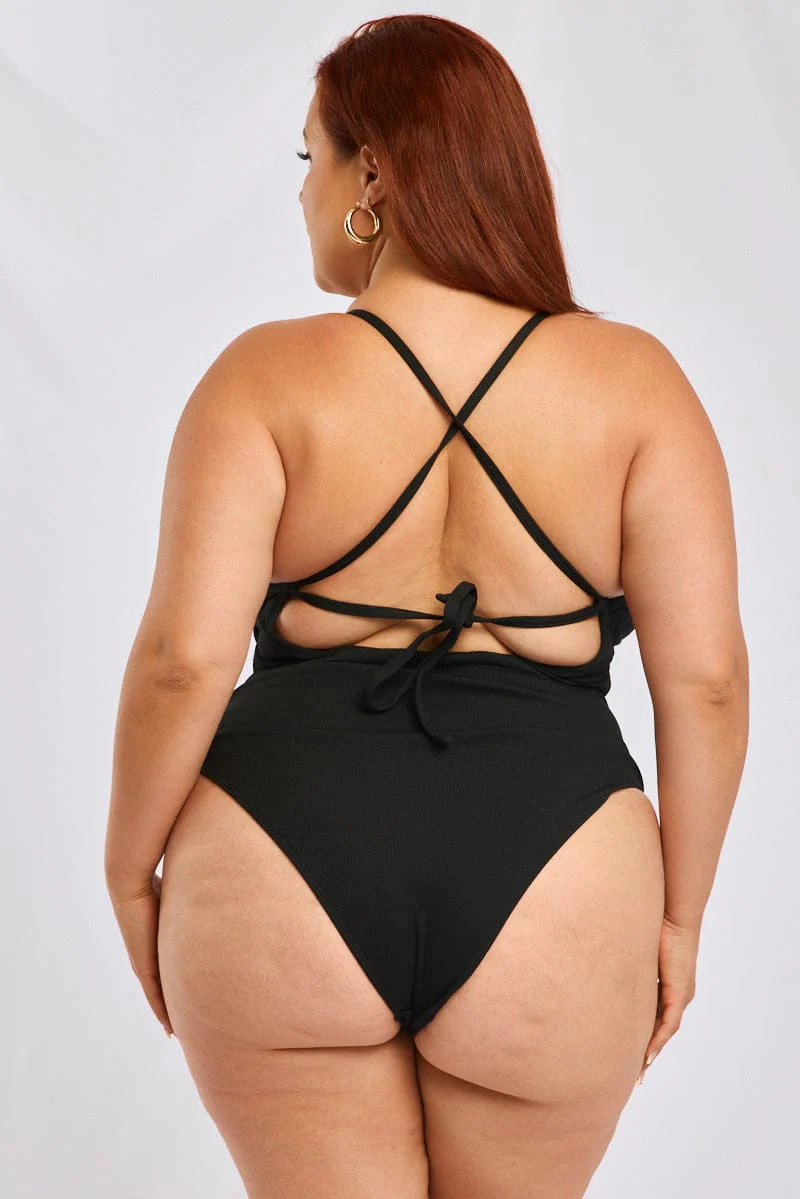 Black V-neck Textured One Piece Swimsuit - Image 4