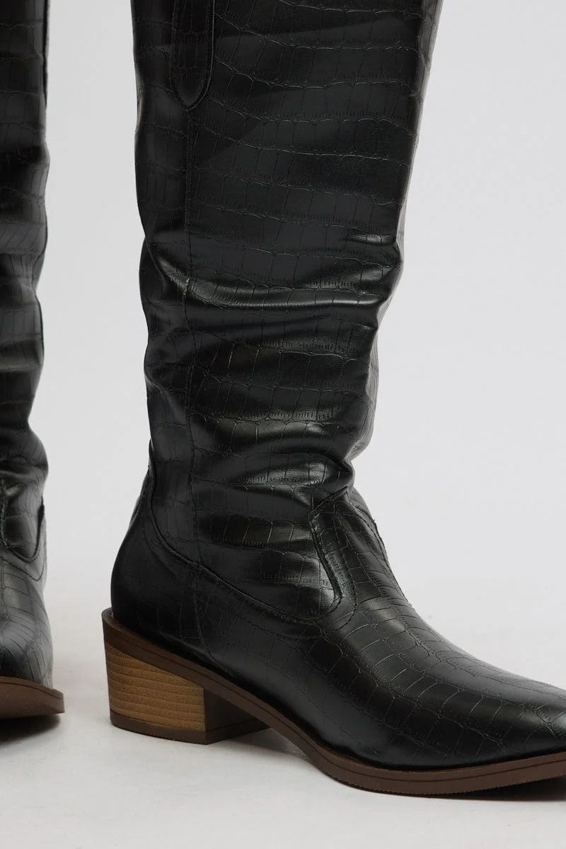 Black Wide Fit Cowboy Boots - Image 2