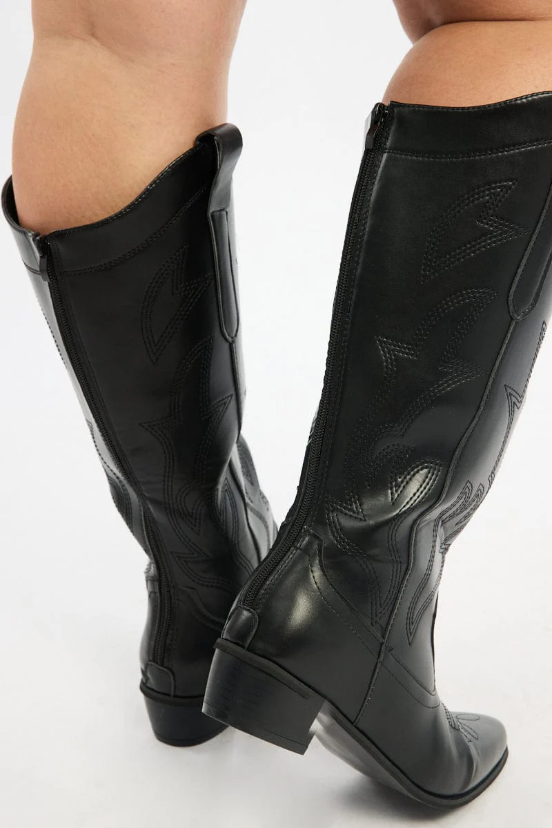 Black Wide Fit Embroidered Cowboy Boots - Image 3