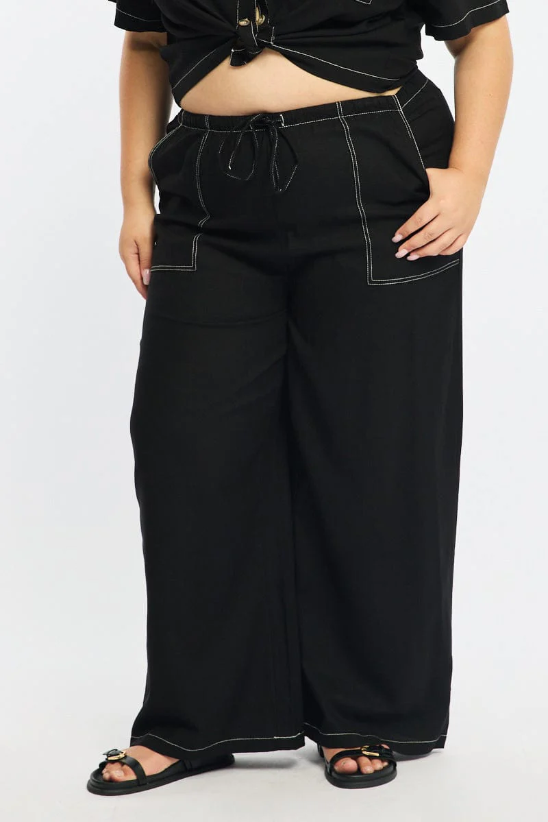 Black Wide Leg Pants Contrast Stitch - Image 2