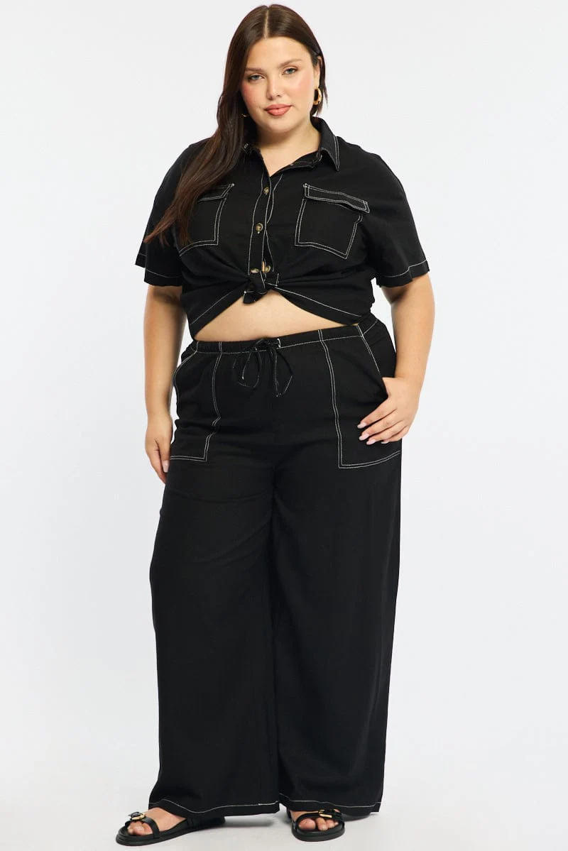 Black Wide Leg Pants Contrast Stitch - Image 3