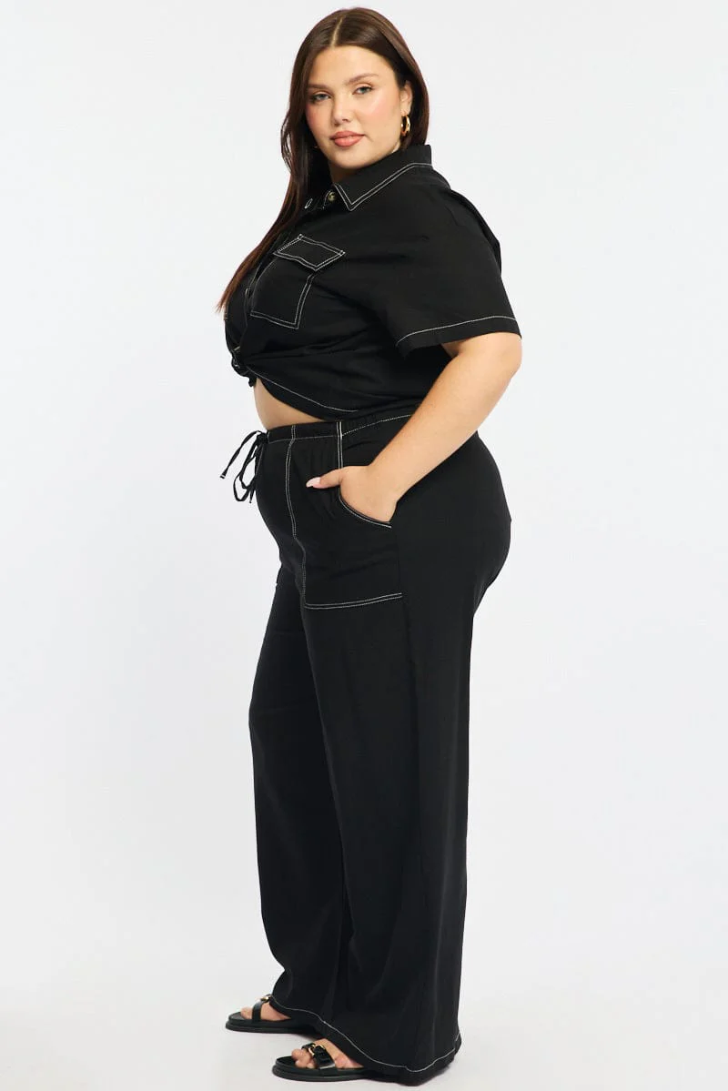 Black Wide Leg Pants Contrast Stitch - Image 4