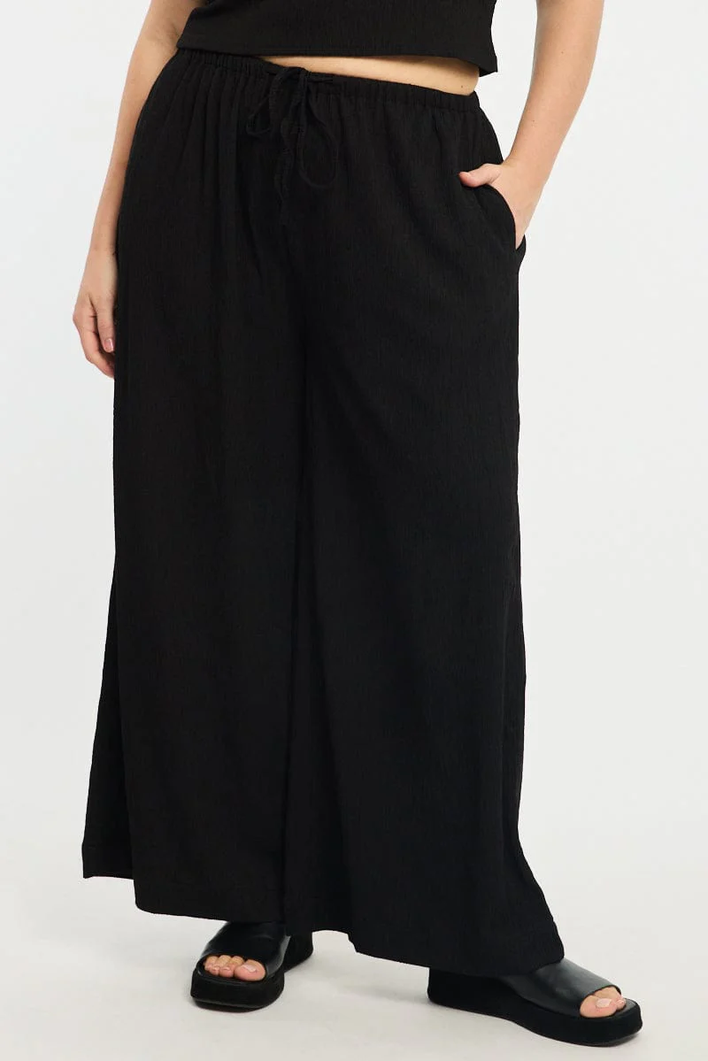 Black Wide Leg Pants Elastic Waist - Image 2
