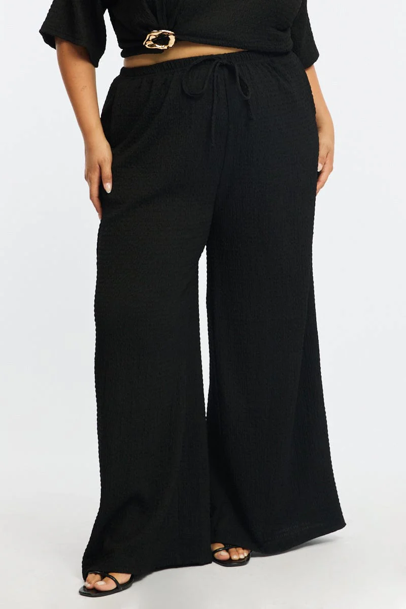 Black Wide Leg Pants Elastic Waist - Image 2