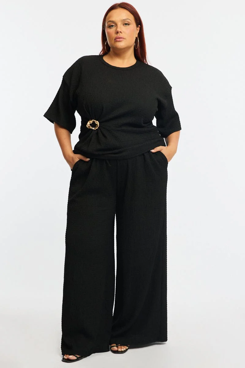 Black Wide Leg Pants Elastic Waist - Image 3