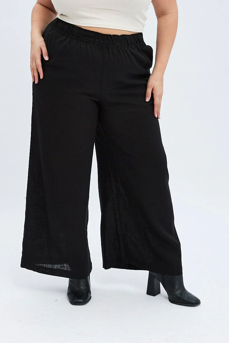 Black Wide Leg Pants Elastic Waist - Image 2