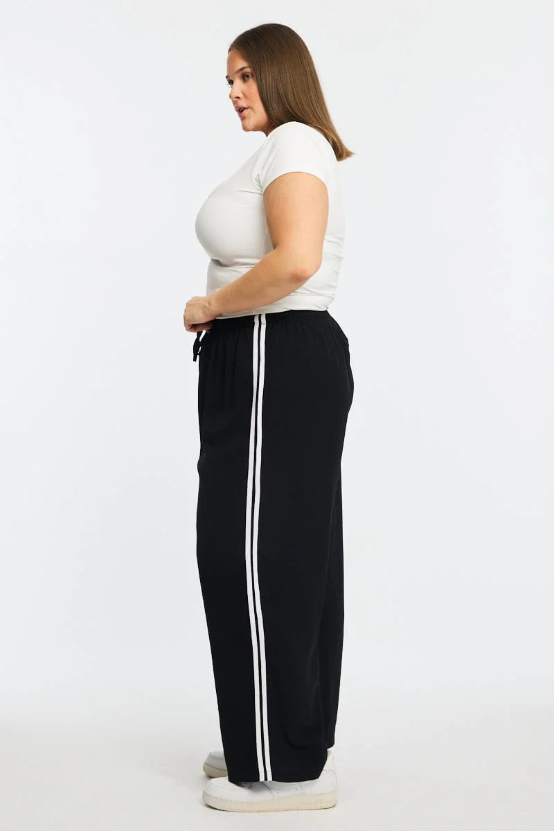 Black Wide Leg Pants Side Stripe - Image 2