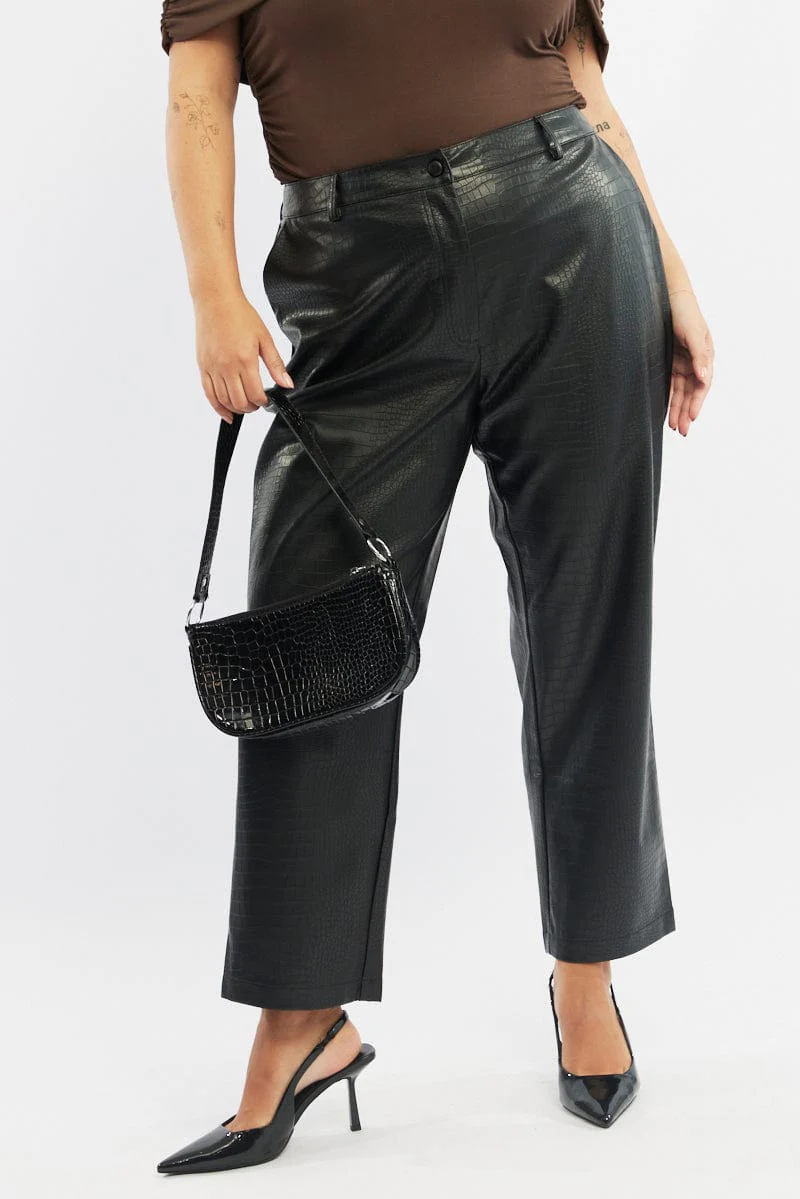 Black Wideleg Pants Faux Leather Croc High Waist - Image 2