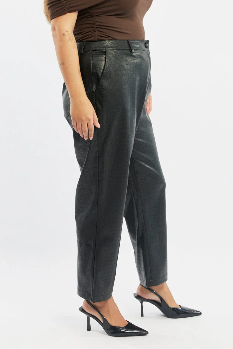 Black Wideleg Pants Faux Leather Croc High Waist - Image 3
