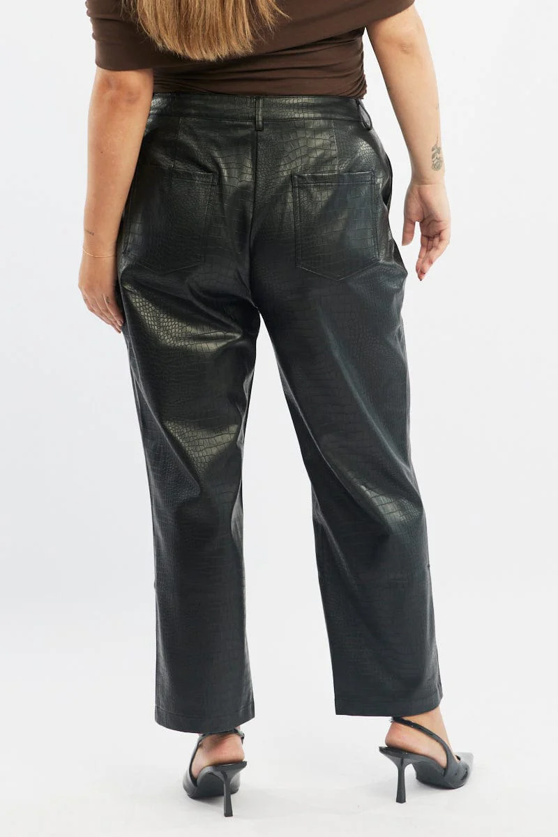 Black Wideleg Pants Faux Leather Croc High Waist - Image 4