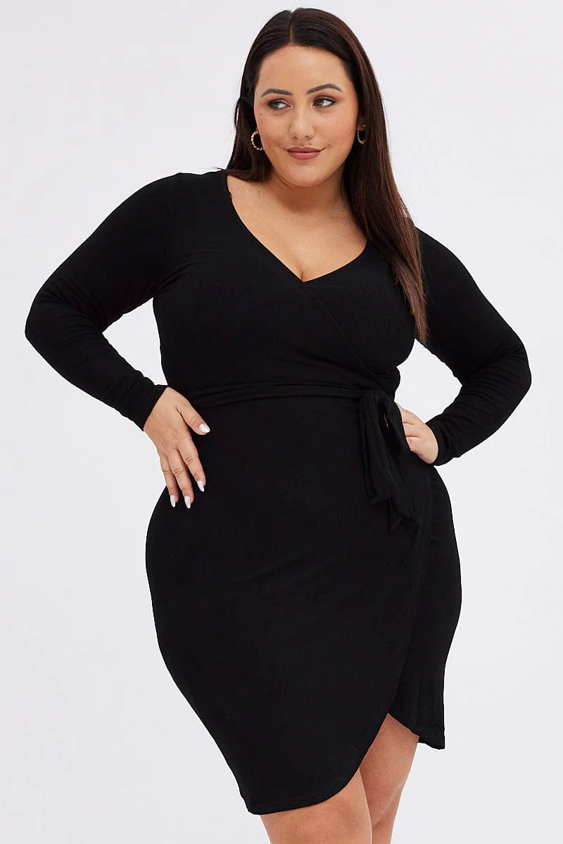 Black Wrap Dress Rib Jersey Tie Waist Knee Length - Image 2