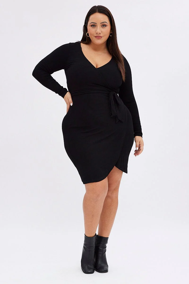 Black Wrap Dress Rib Jersey Tie Waist Knee Length - Image 3