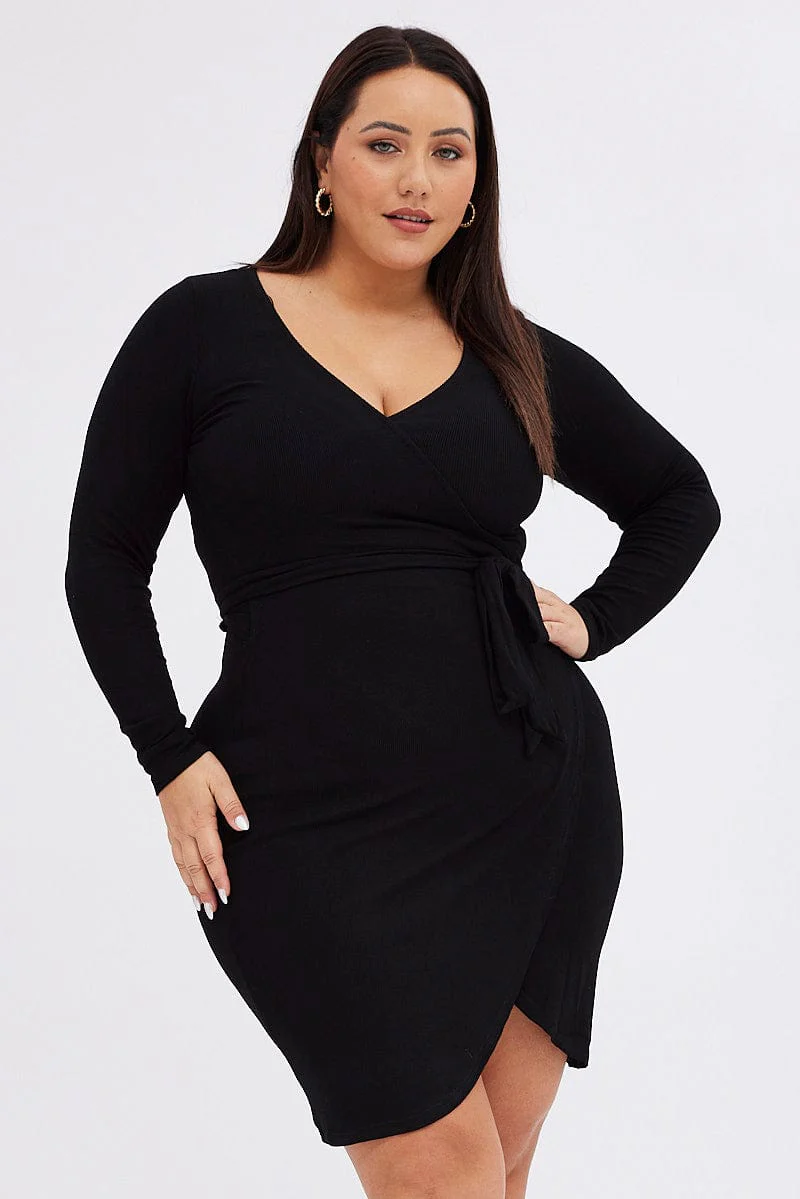 Black Wrap Dress Rib Jersey Tie Waist Knee Length - Image 4