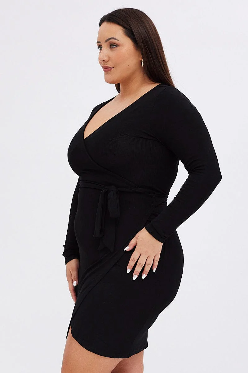 Black Wrap Dress Rib Jersey Tie Waist Knee Length - Image 5