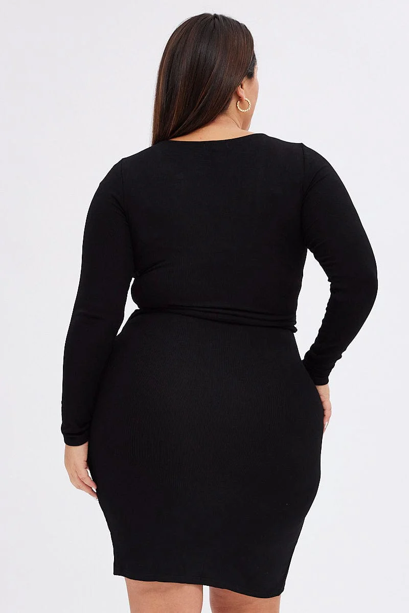 Black Wrap Dress Rib Jersey Tie Waist Knee Length - Image 6