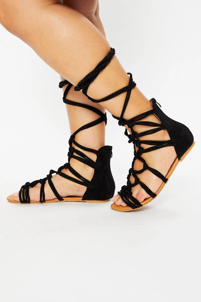 Black Wrap Up Strappy Flat Sandals - Image 3