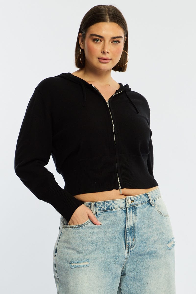 Black Zip Up Knit Cardigan Long Sleeve