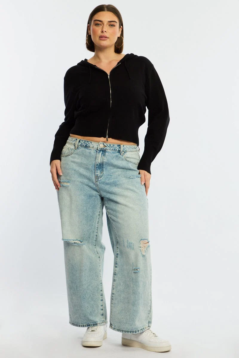 Black Zip Up Knit Cardigan Long Sleeve - Image 2