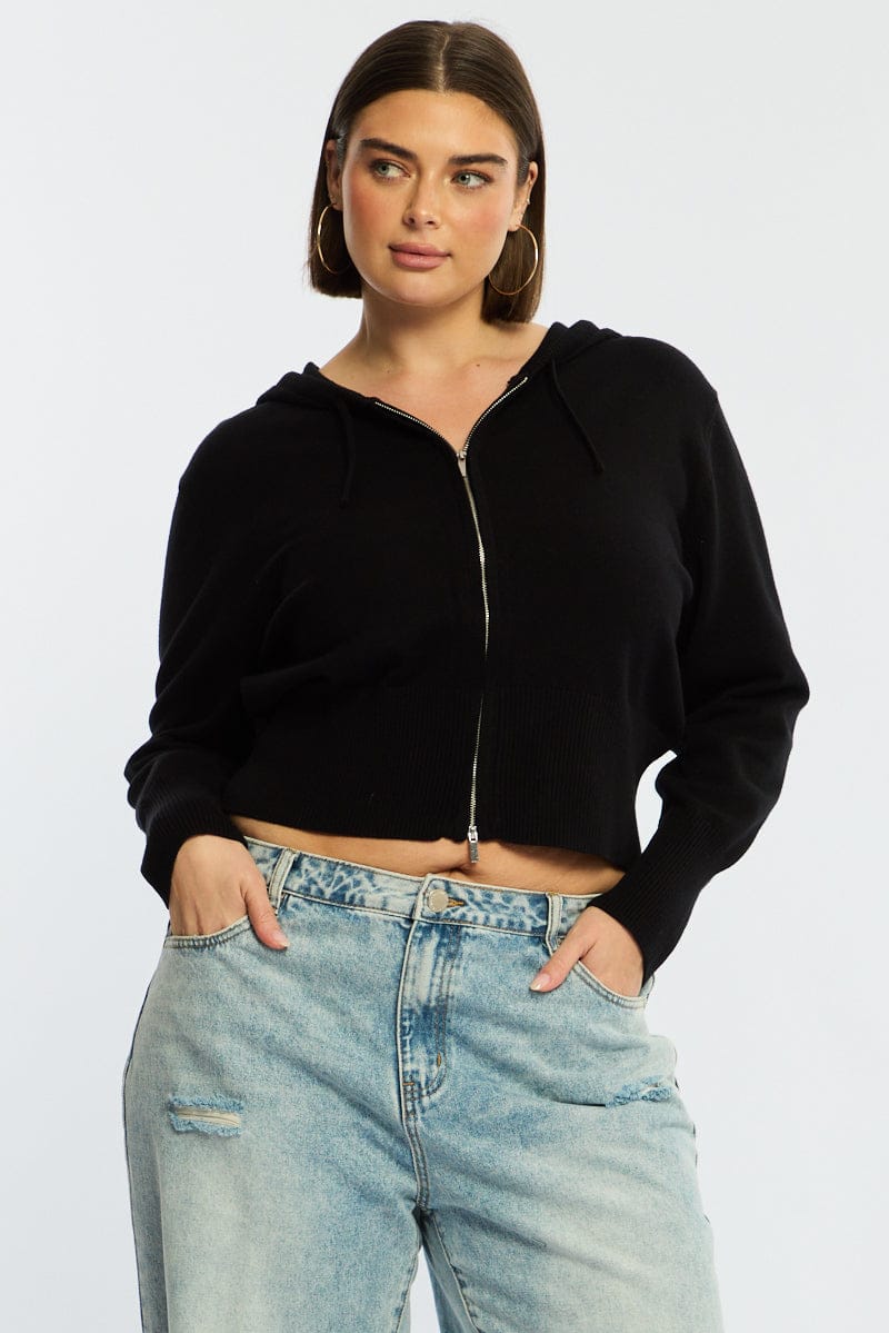 Black Zip Up Knit Cardigan Long Sleeve - Image 3