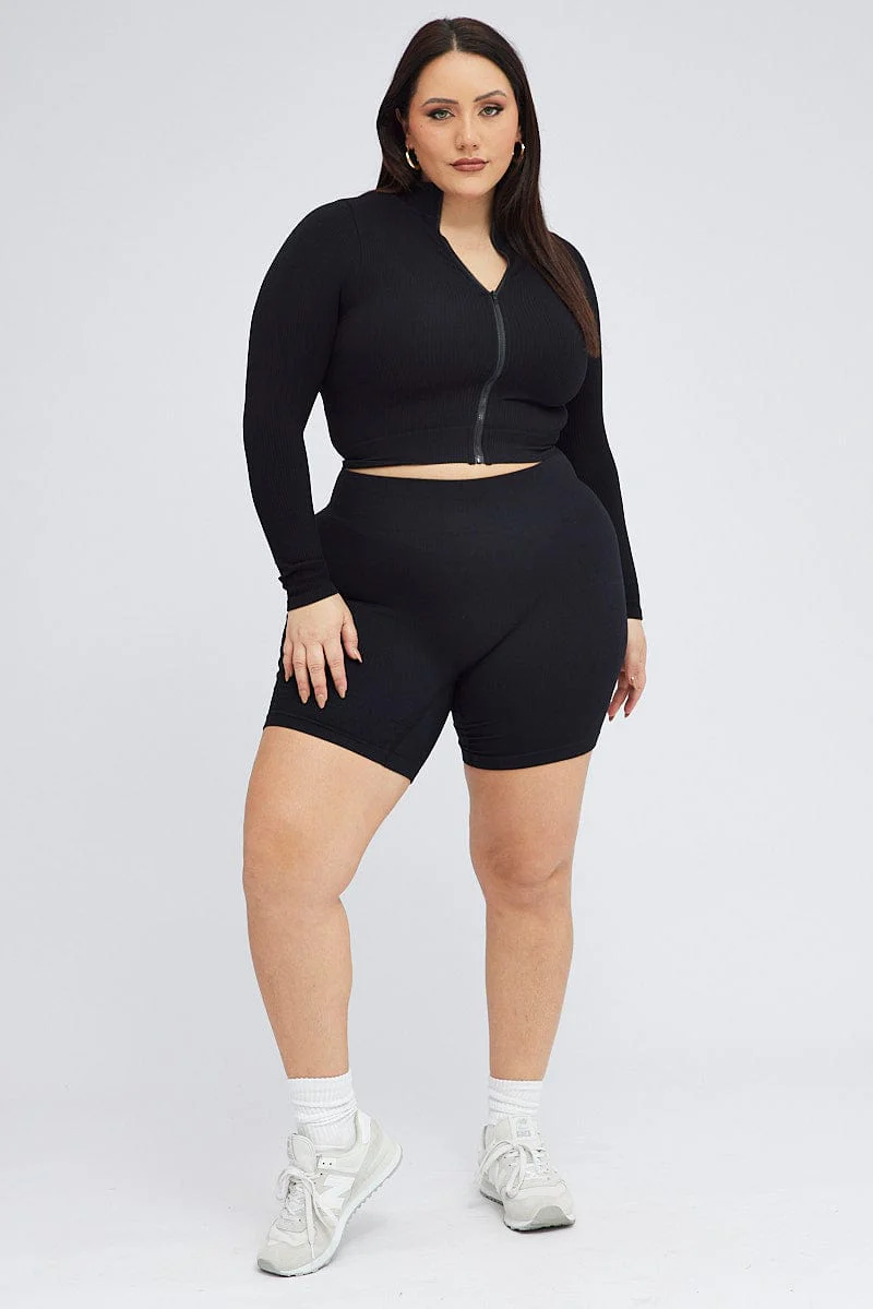 Black Zip Up Top Long Sleeve Seamless - Image 2