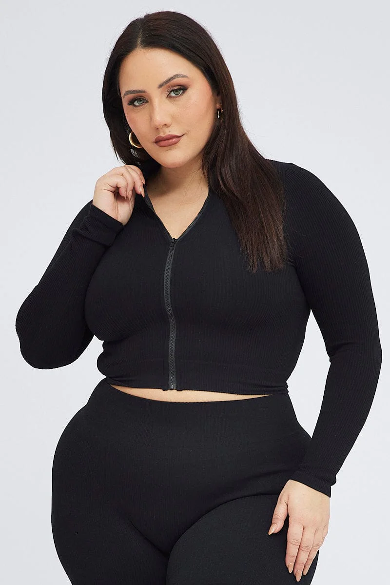 Black Zip Up Top Long Sleeve Seamless - Image 3