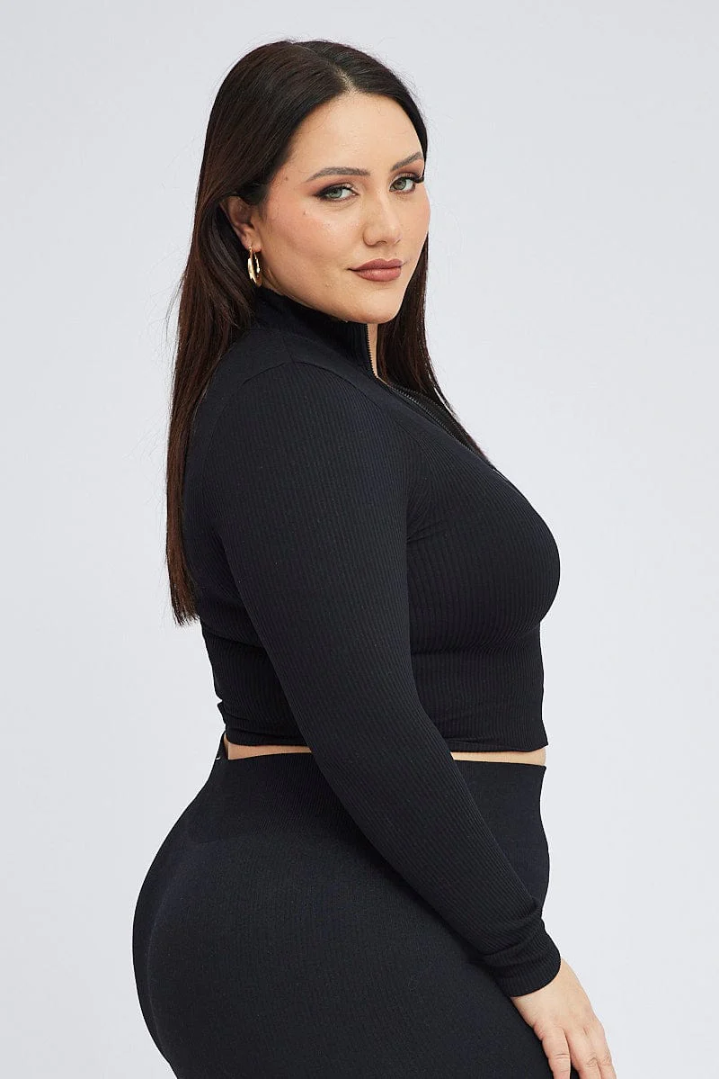 Black Zip Up Top Long Sleeve Seamless - Image 4