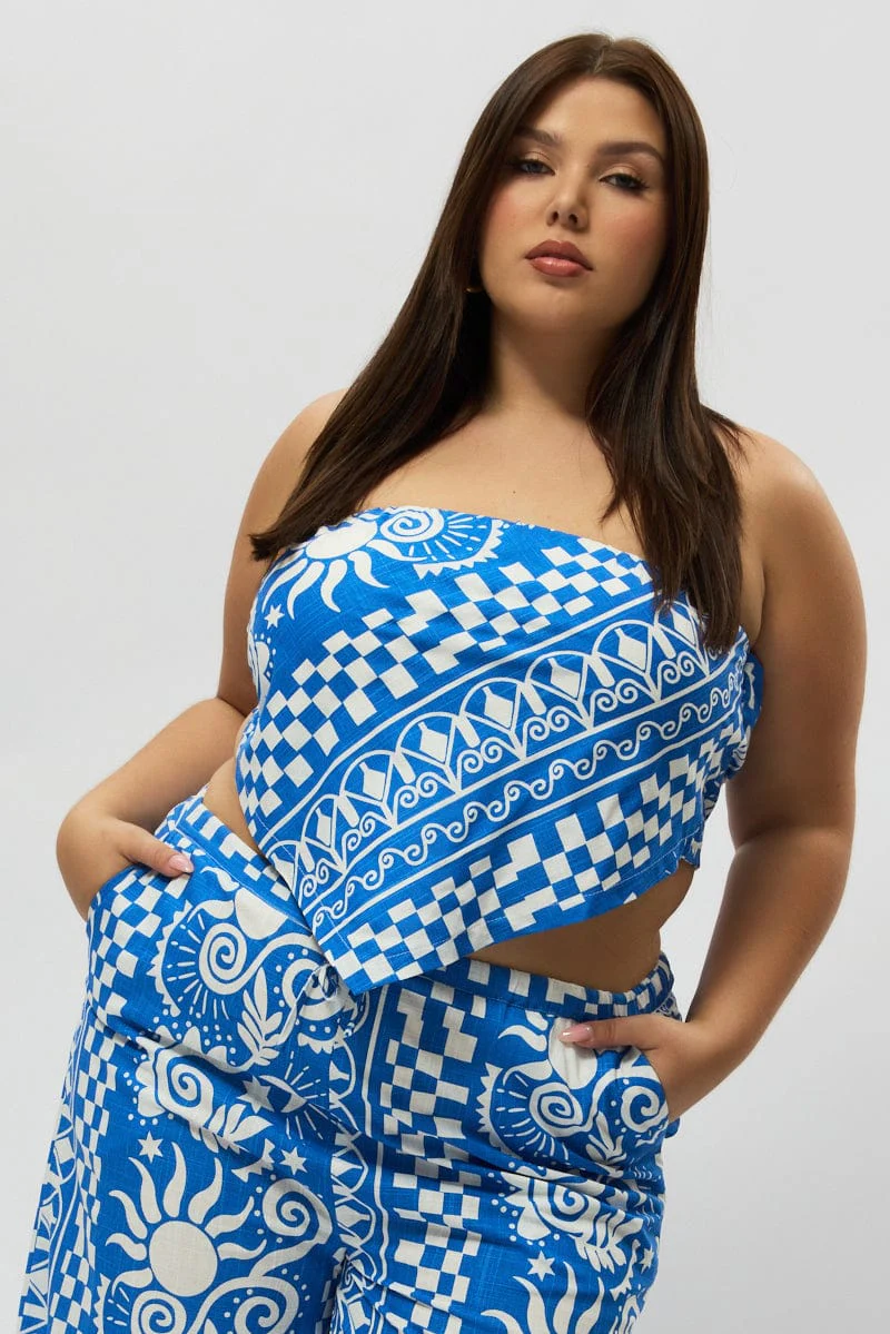 Blue Abstract Crop Top Strapless Scarf Linen Blend - Image 2