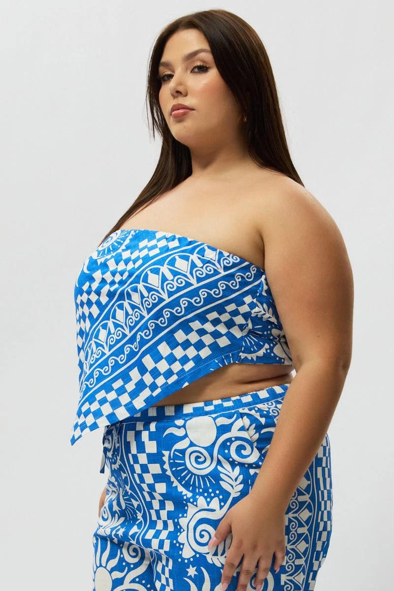 Blue Abstract Crop Top Strapless Scarf Linen Blend - Image 5