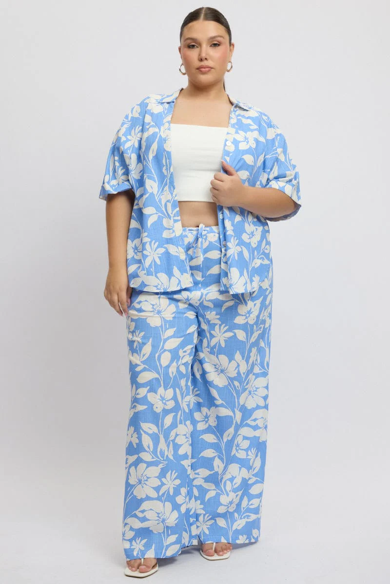 Blue Abstract Drawstring Waist Wide Leg Linen Blend Pants - Image 2