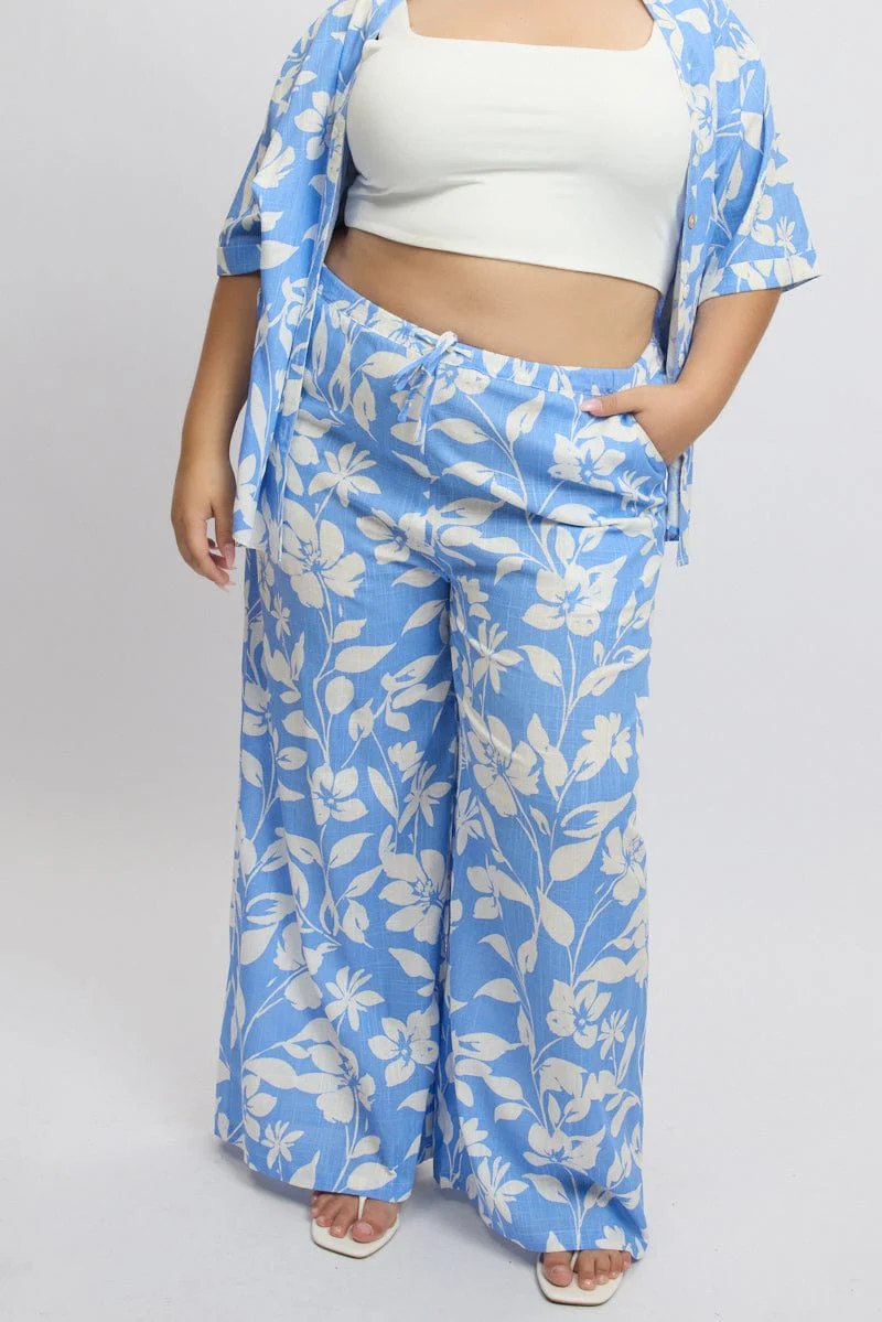 Blue Abstract Drawstring Waist Wide Leg Linen Blend Pants - Image 3