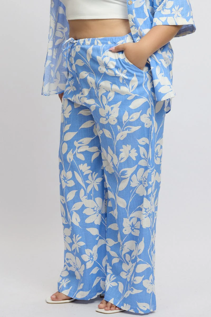 Blue Abstract Drawstring Waist Wide Leg Linen Blend Pants - Image 4