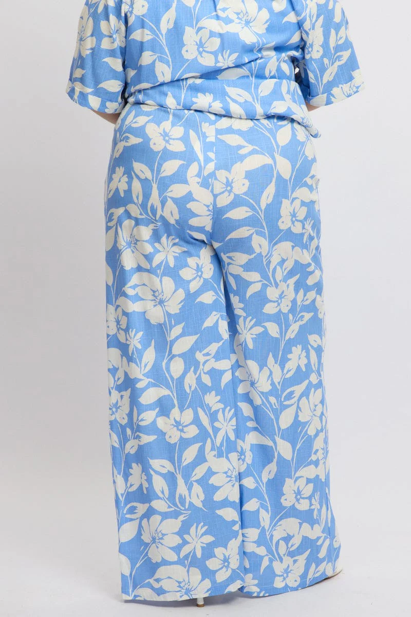 Blue Abstract Drawstring Waist Wide Leg Linen Blend Pants - Image 5