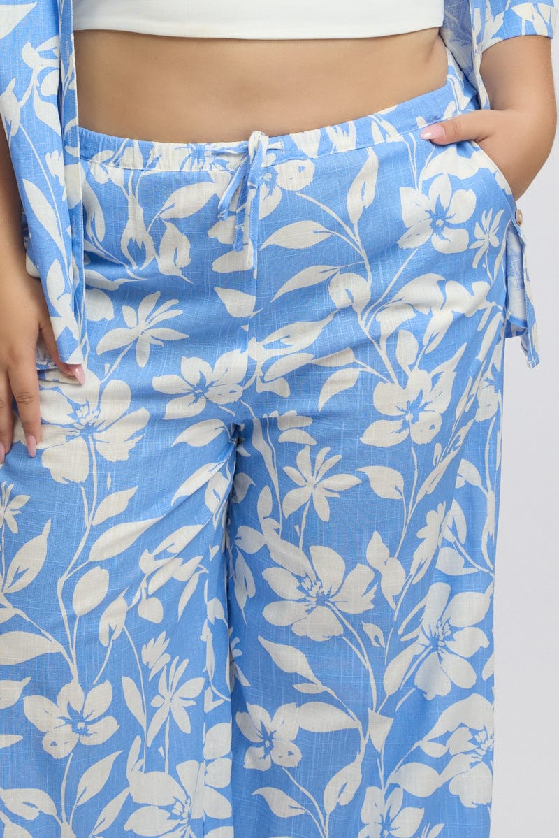 Blue Abstract Drawstring Waist Wide Leg Linen Blend Pants - Image 6