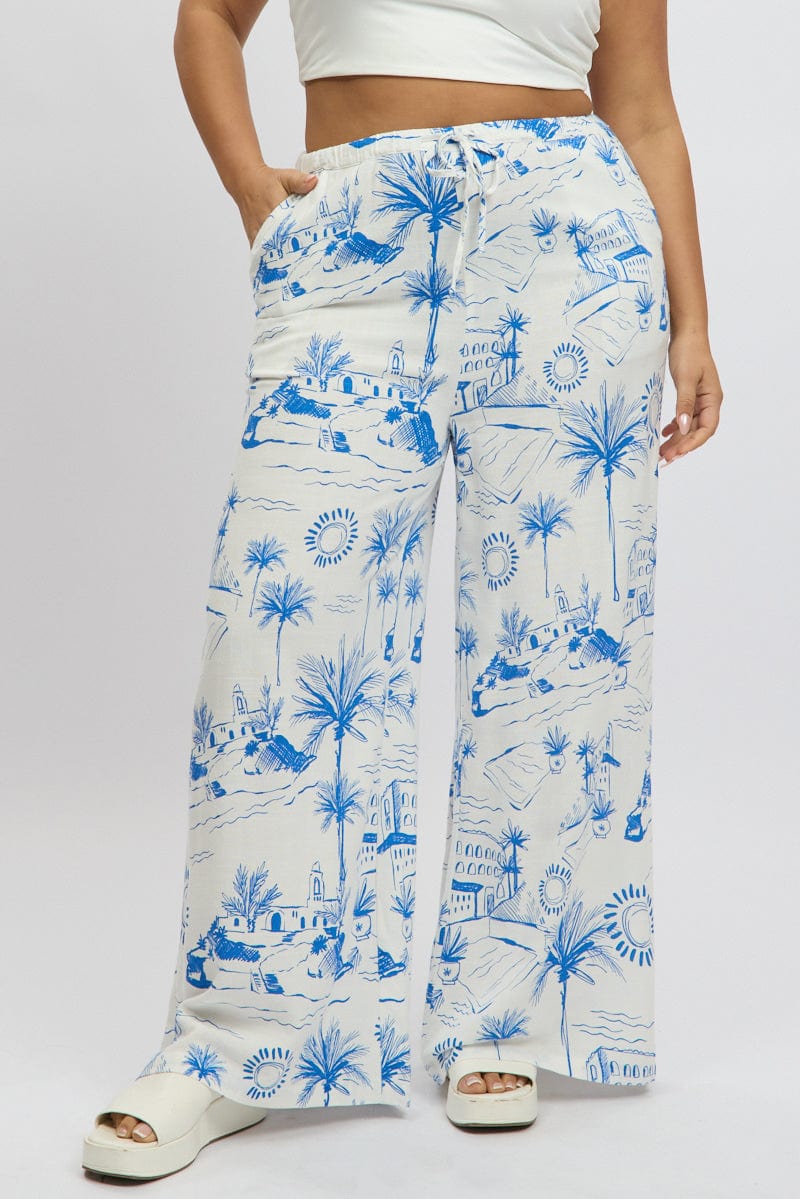 Blue Abstract Elastic Waist Linen Blend Pants - Image 3