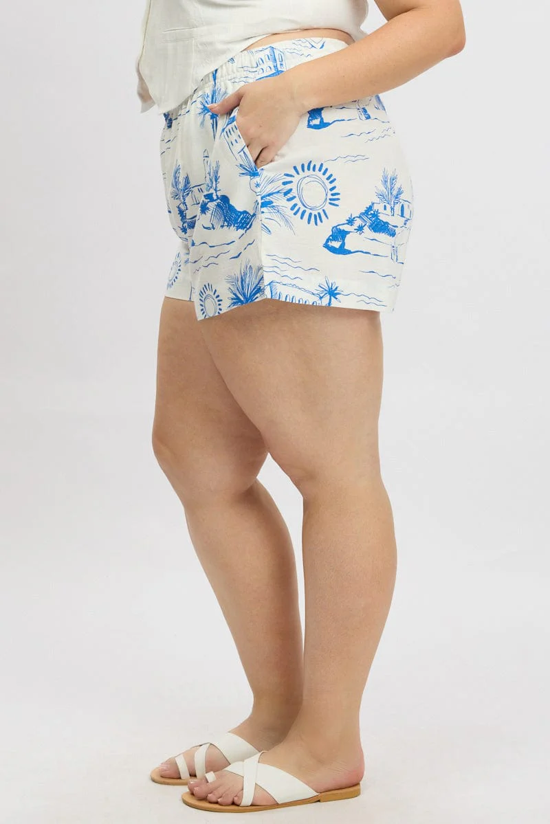 Blue Abstract Elastic Waist Linen Blend Shorts - Image 4