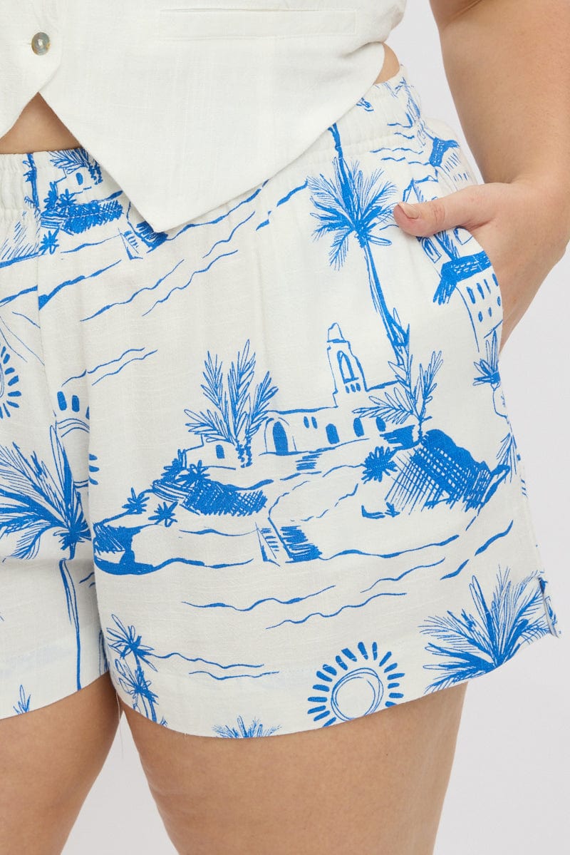 Blue Abstract Elastic Waist Linen Blend Shorts - Image 6