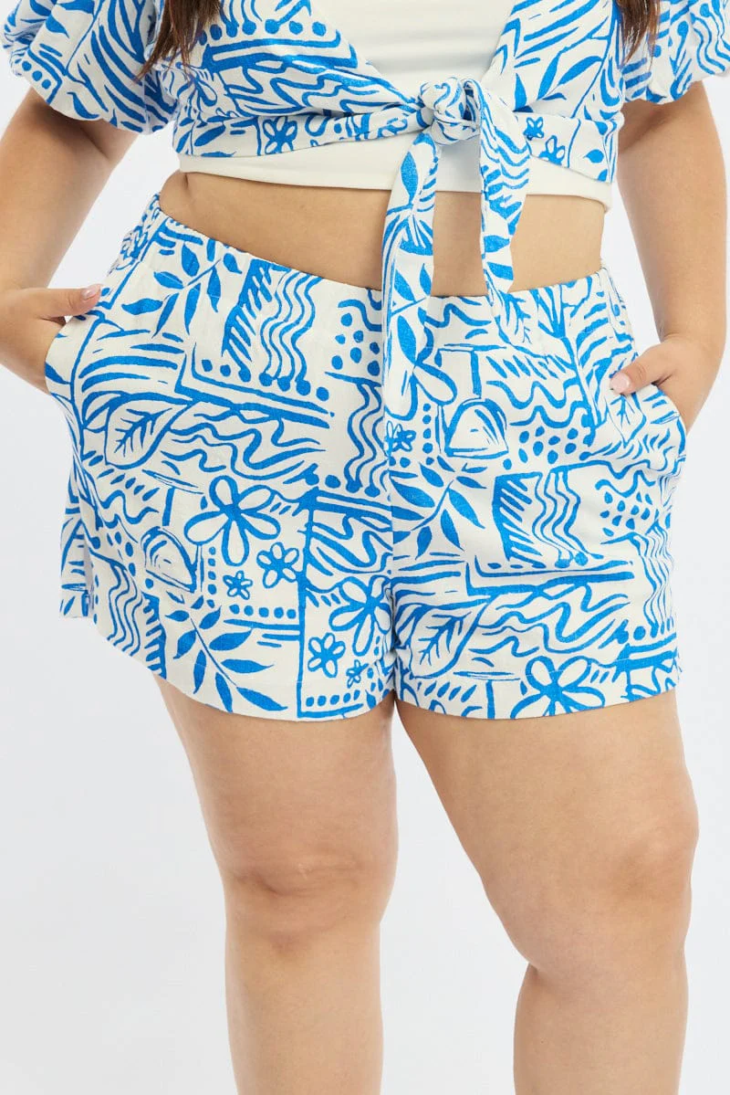 Blue Abstract Linen Elastic Waist Shorts - Image 2
