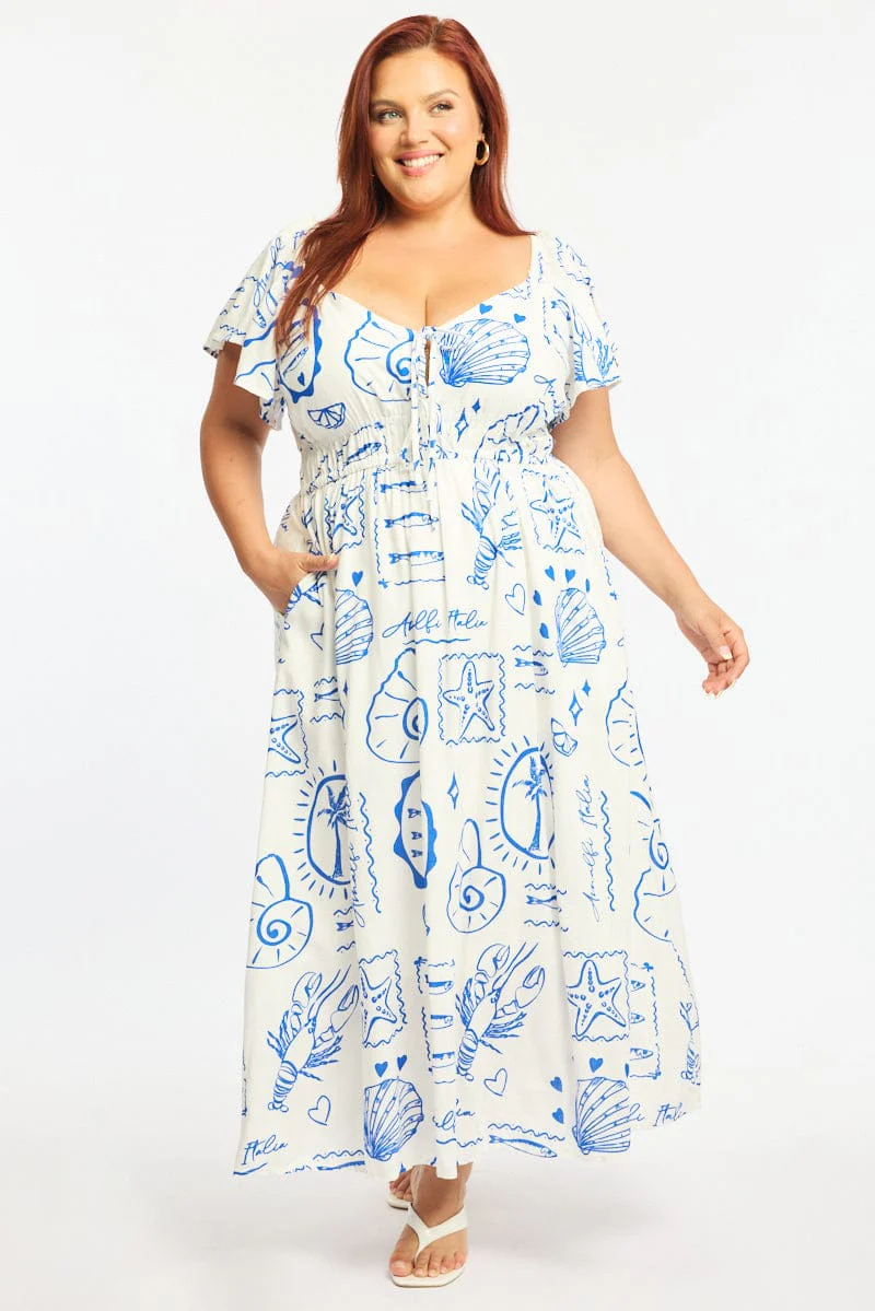 Blue Abstract Maxi Dress Short Sleeve Linen Blend