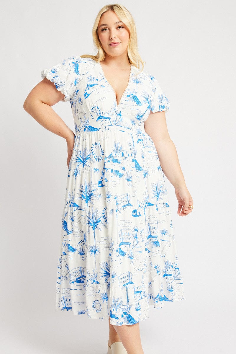 Blue Abstract Maxi Dress Short Sleeve Linen Blend - Image 3