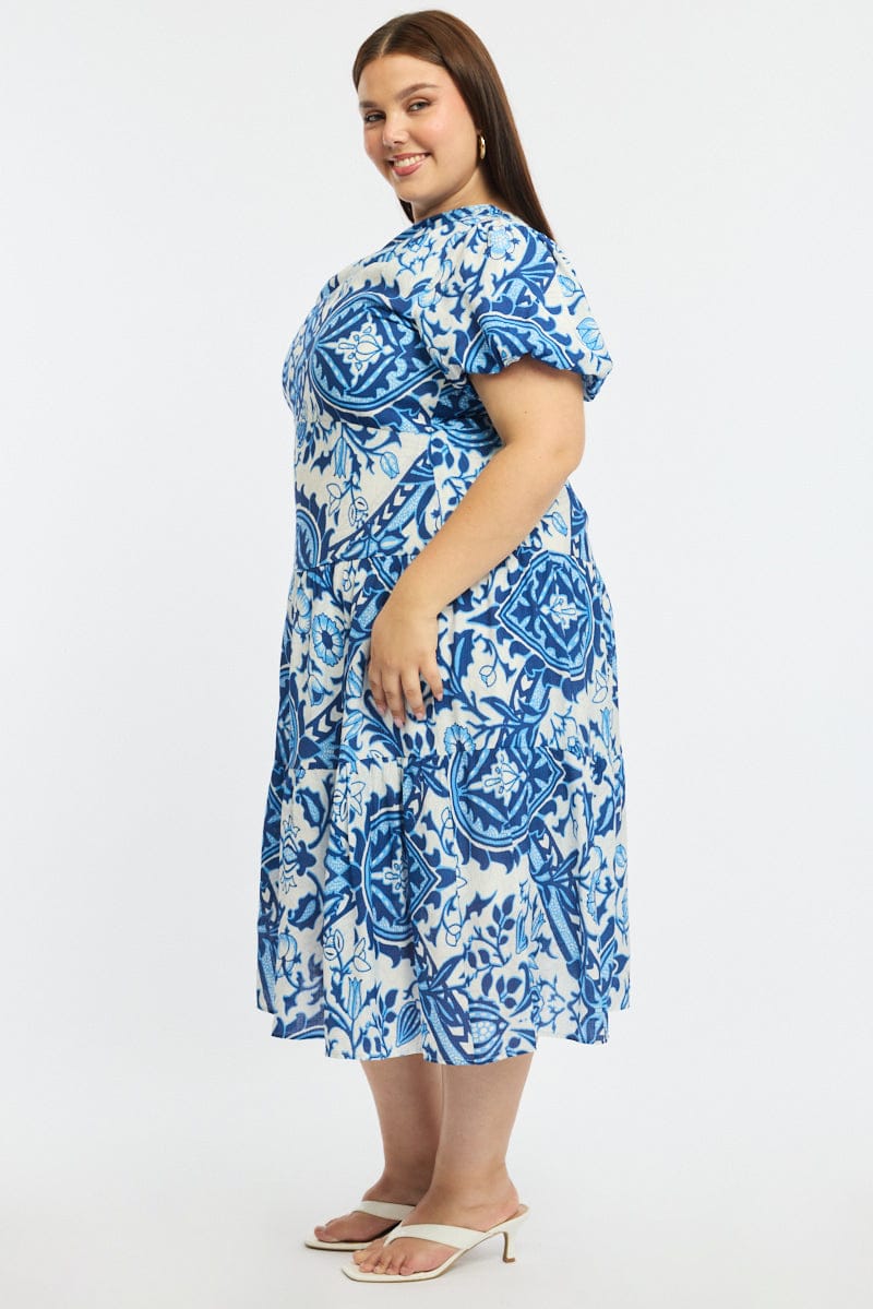 Blue Abstract Midi Dress One Shoulder - Image 3