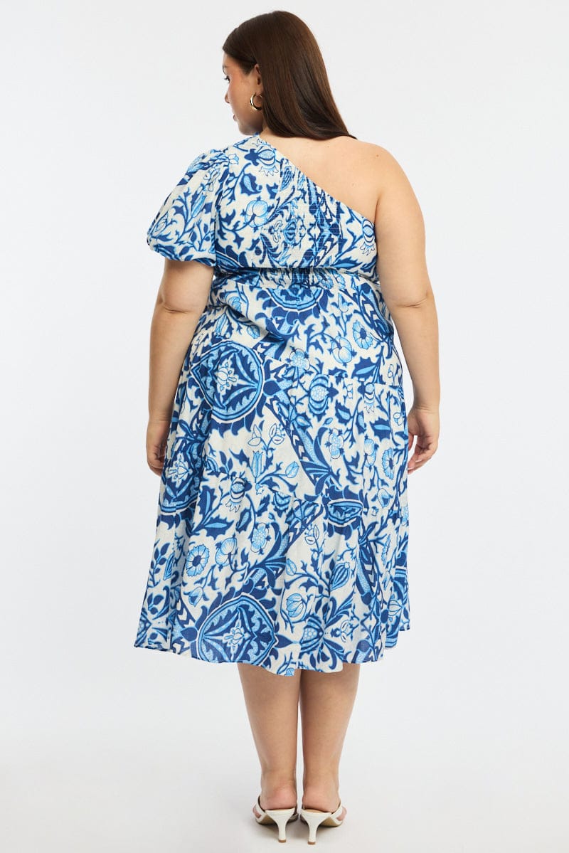Blue Abstract Midi Dress One Shoulder - Image 4
