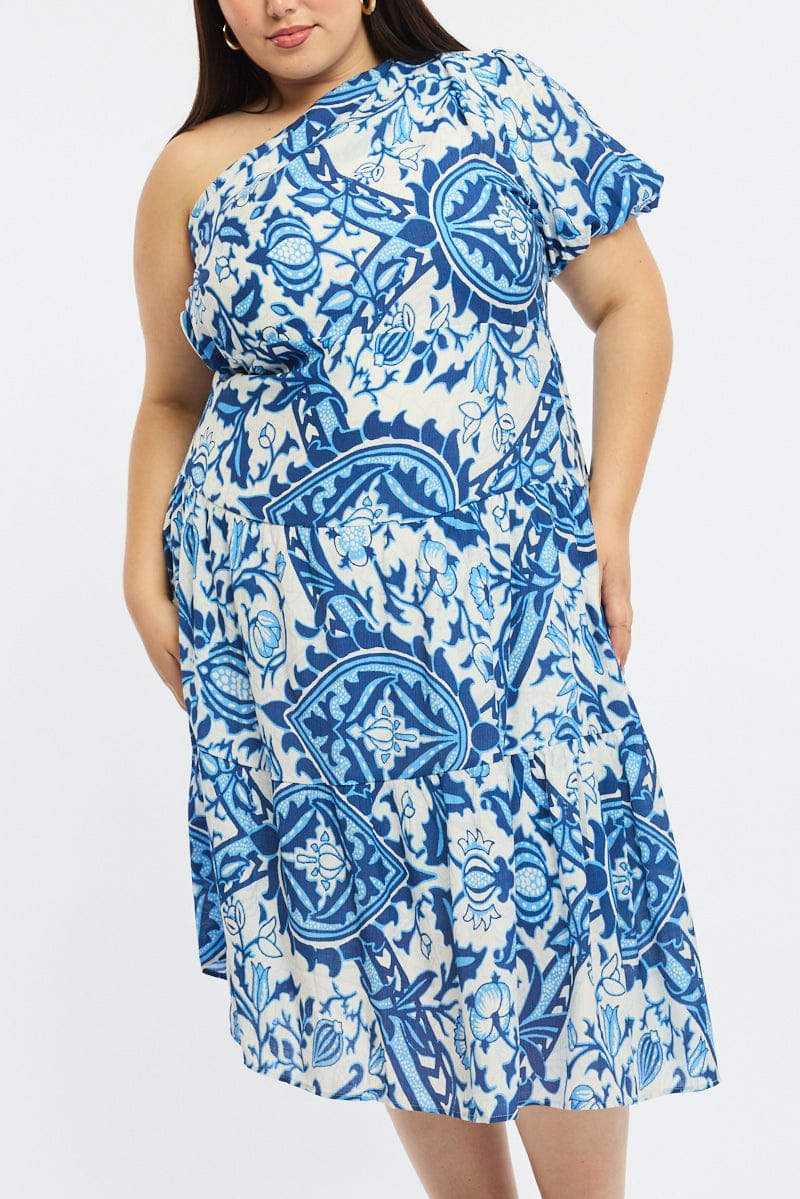 Blue Abstract Midi Dress One Shoulder - Image 5